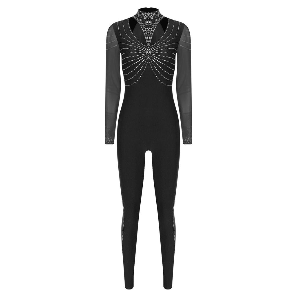 Женский гимнастический комбинезон с блестящими стразами, пэчворк, с воротником-стойкой, длинными рукавами, застежкой-молнией на спине.