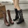 Модные коричневые черные ботфорты для женщин 2025 осень зима кожаные в стиле вестерн ковбойские длинные рыцарские сапоги ремешки с пряжками до середины икры боты