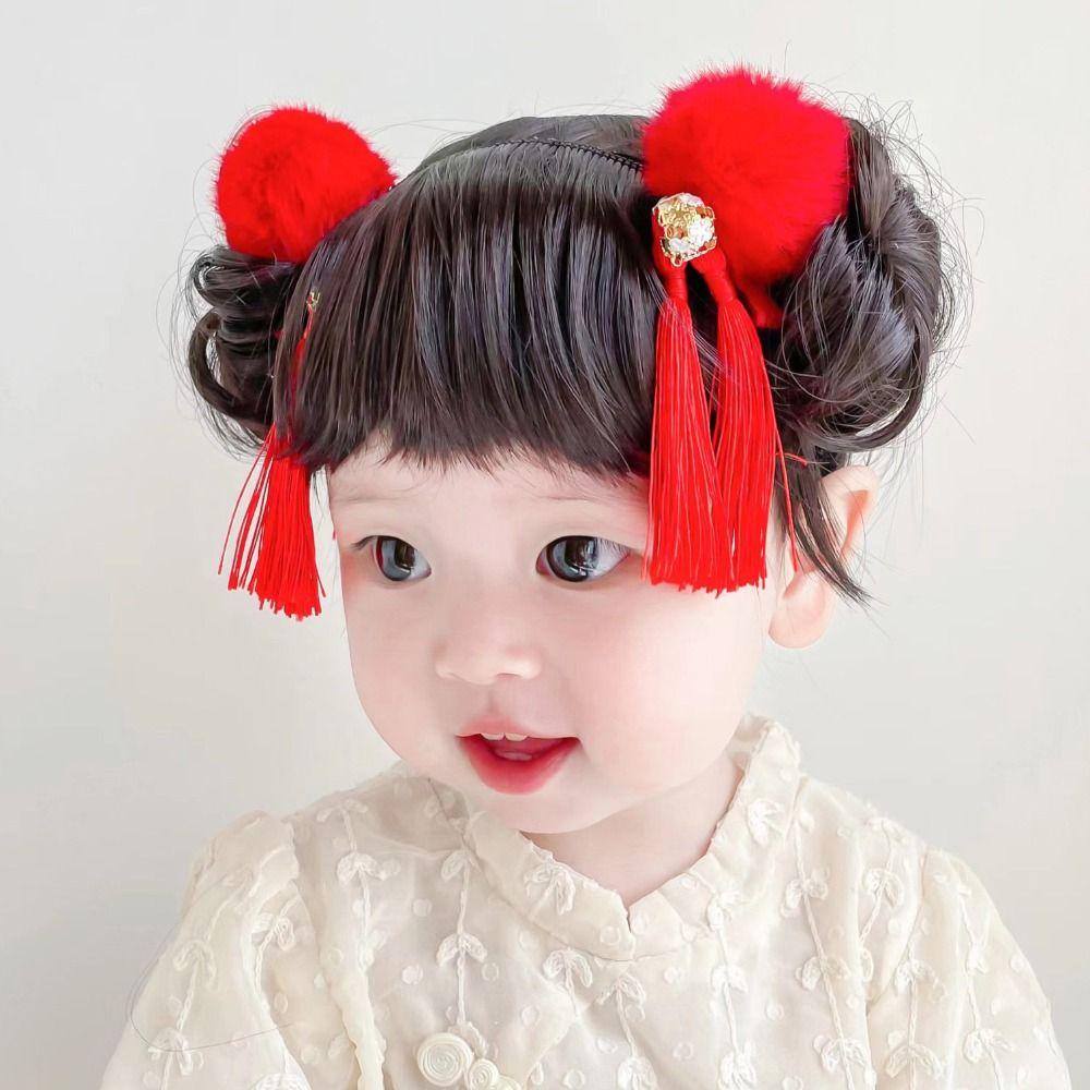Детский парик-повязка на голову в китайском стиле, для новорожденных и детей, головной убор на Новый год, для малышей, аккуратная челка-парик