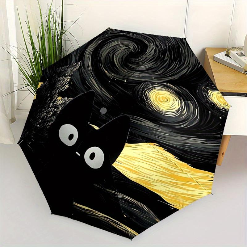 1pc Starry Night Cat Automatic Folding Exquisite Umbrella Portable Collapsible Design, 8-Rib Iron Frame, Durable Fabric,27168