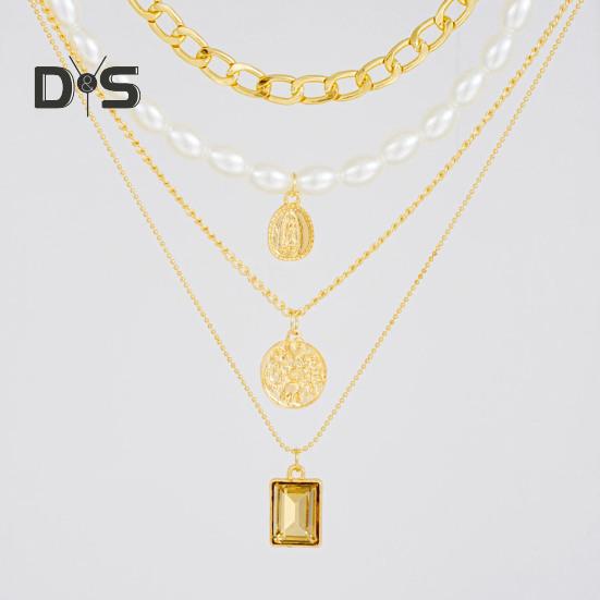 Многослойное ожерелье для женщин, 4-слойное ожерелье из искусственного жемчуга, комплект из золотой цепочки, свадебные украшения