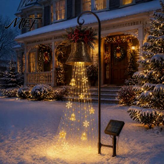 Iron Art Holiday Displays Solar Christmas Bell Waterfall Light, LED Metal Garden Stake with Red Ribbon, Waterproof Path Lighting Auto On/Off, Outdoor