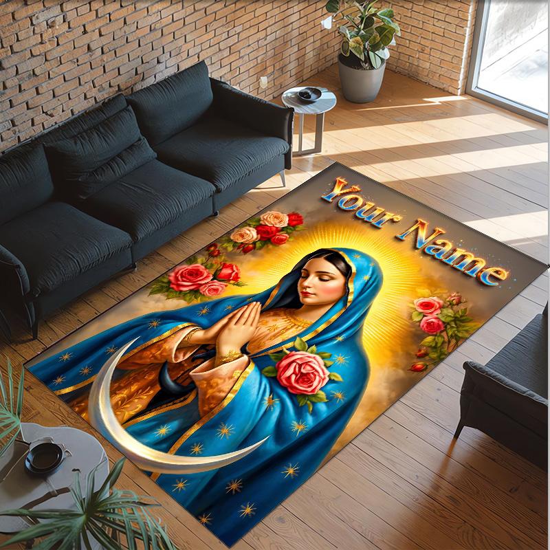 Virgin Mary Theme Crystal Velvet Rug Personalized Custom Name Text Soft Floor Mat Home Decor