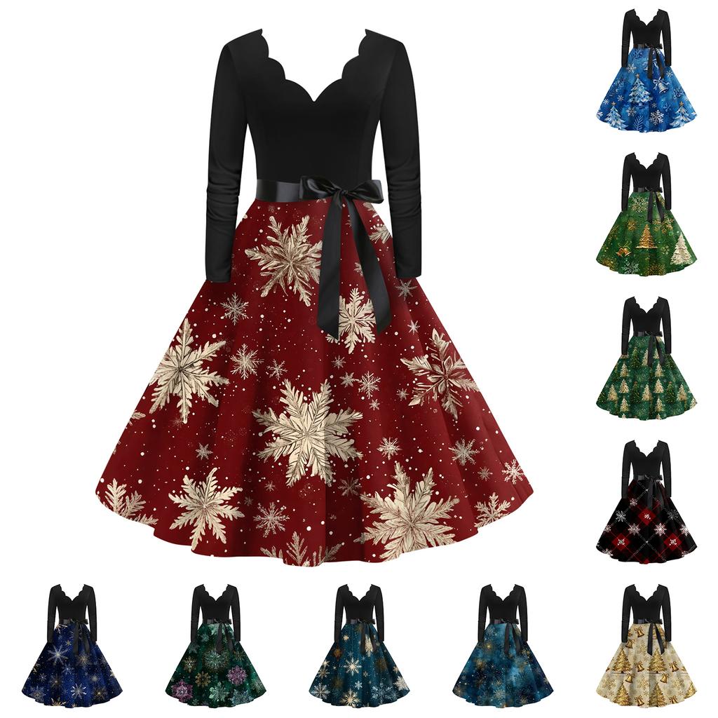 Women's Fashion Round Casual Slim Fit Christmas Print Large Swing Long Sleeve Dress