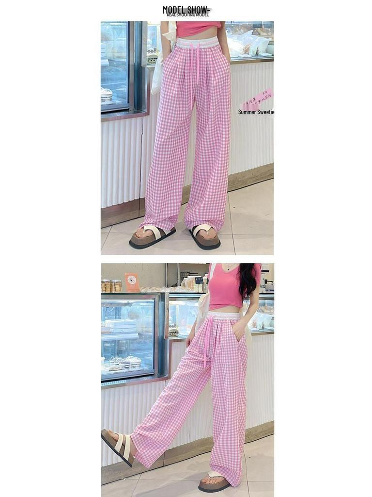 2025 Girls' Pink Plaid High-Waisted Loose Fit Yamamoto Pants: Retro Wide-Leg for Spring/Summer
