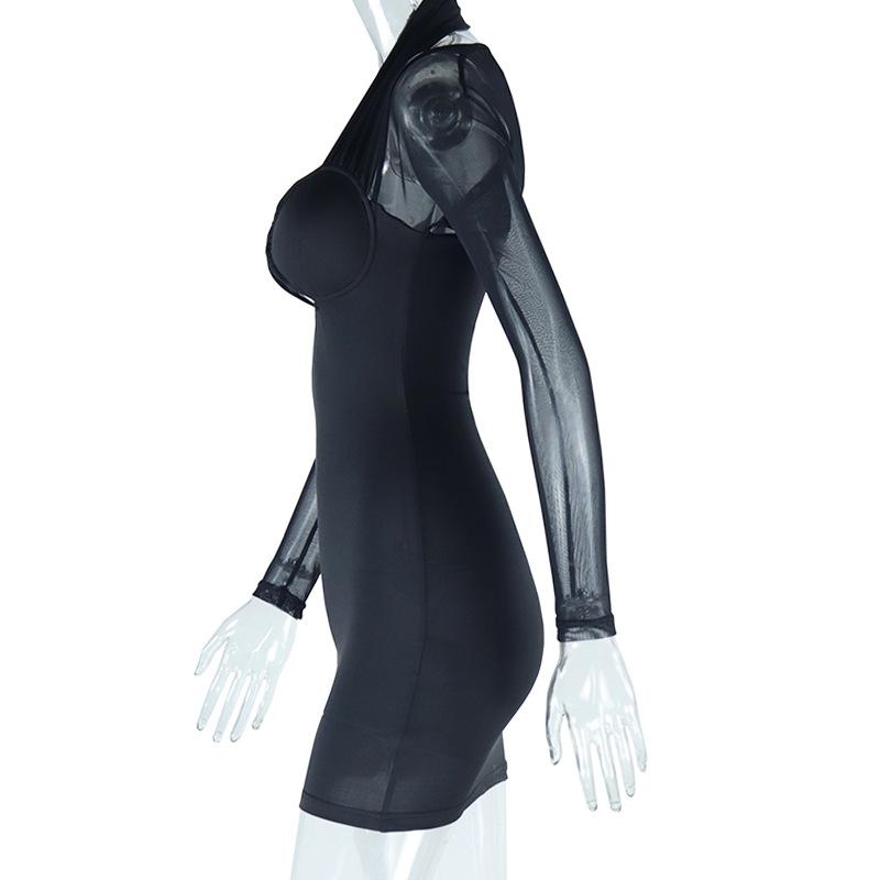 European and American Fashion Women's Sexy Neck Hanging Mesh Splicing Long Sleeved Dress Street Top Bag Hip Skirt