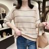 Ice Silk Knitted Sweater with Hollow Out Loose Thin Stripe Round Neck Early Spring Long Sleeved Design