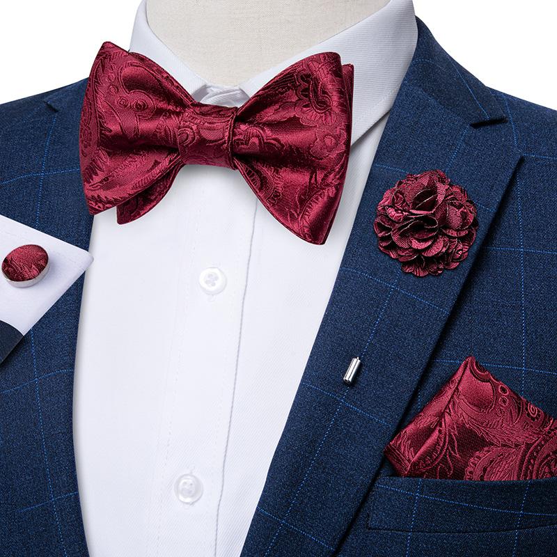 Classic Red Paisley Pattern Woven Self-tied Bow Tie Pocket Square & Cufflinks Boutonniere Gift Set for Men
