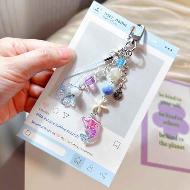 Sweet Purple Shell Star Dolphin Keyring Beaded Keychain Phone Chain Backpack Bag Pendant Charm Car Key Decoration Accessories