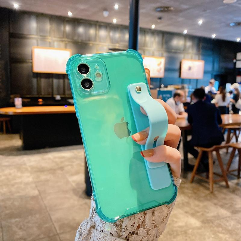 Мягкий чехол для телефона с ремешком на запястье для iPhone 11 12 13 14 15 Pro Max X XR Xs Max 7 8 Plus, мини-подставка, прозрачный бампер