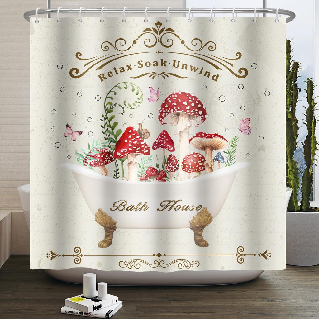 Гриб Занавеска для душа Цветок Зеленый лист Растение Лес Бабочка Ботанический Цветочный Белка Эстетика Водонепроницаемая Занавеска для ванной