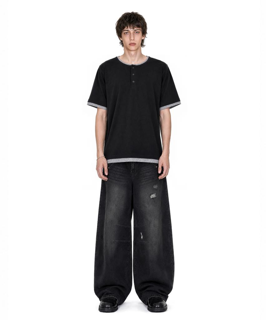 IDWS Layered Henley Neck T-Shirt Black