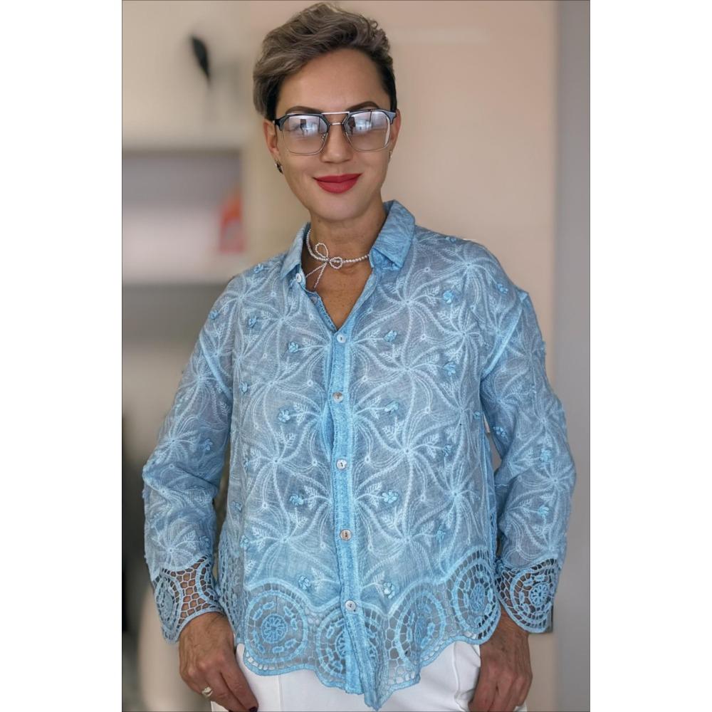 Dimanaf 2025 Весна Лето Рубашка Женская Кружевная Блузка Короткий Рукав Модные Топы Футболки Свободные Синие Футболки Новые