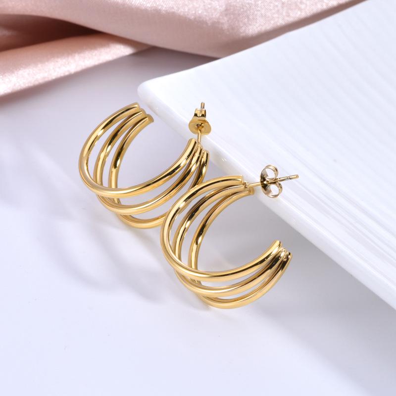 Trendy Gold-Plated Triple C-Shaped Titanium Steel Earrings