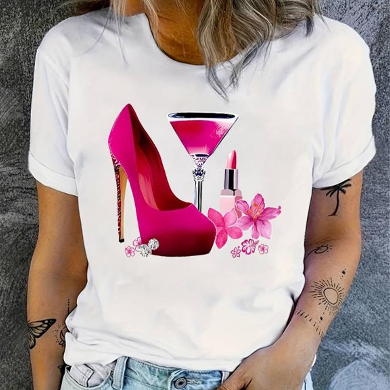 Fashion Women Lipstick High Heels Print T Shirt Funny Casual O-neck Short Sleeves T-shirt Summer Female Tee Shirt
