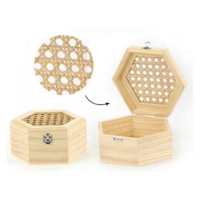 Hexagonal Wooden Box and Caned Lid 13 X 11 X 6 Cm