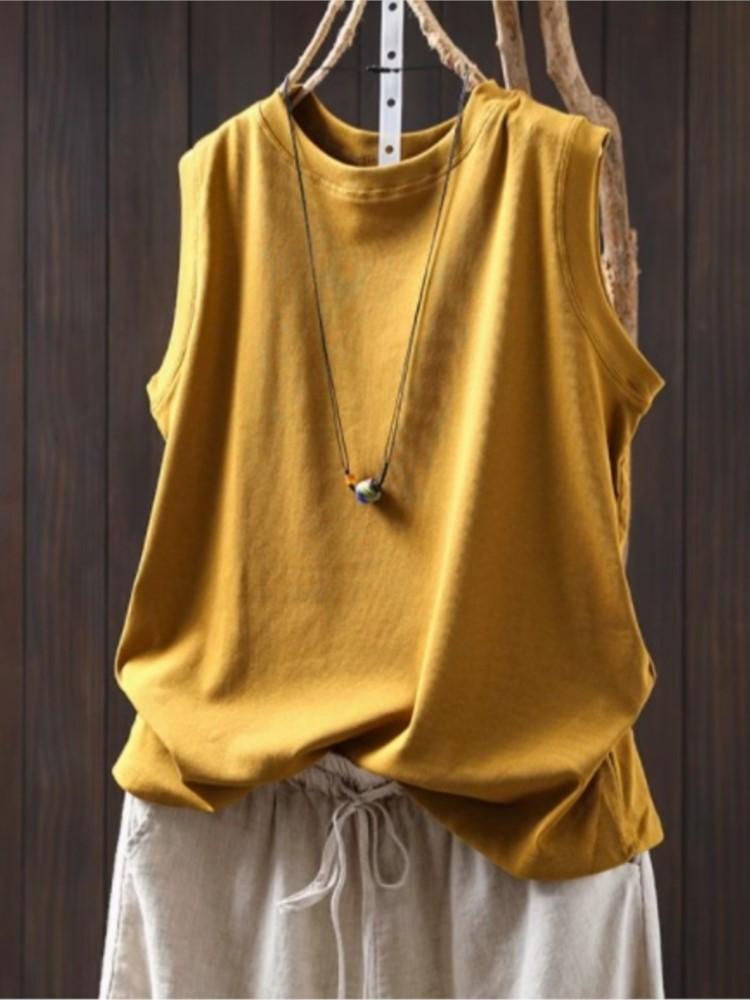 Johnature Женские повседневные топы однотонные летние безрукавки с круглым вырезом мягкие трикотажные топы