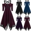 Women Fashion Solid Color Punk Plus Size Lace Spaghetti Strap Long Sleeve Gothic Dress