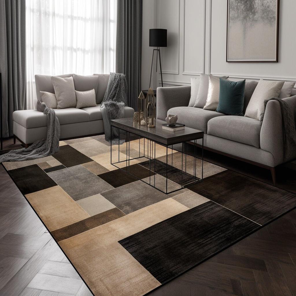 Black Brown Geometry Carpets for Living Room Modern Simple Plaid Room Decor Carpet Lounge Sofa Area Rug Soft Washable Floor Mat