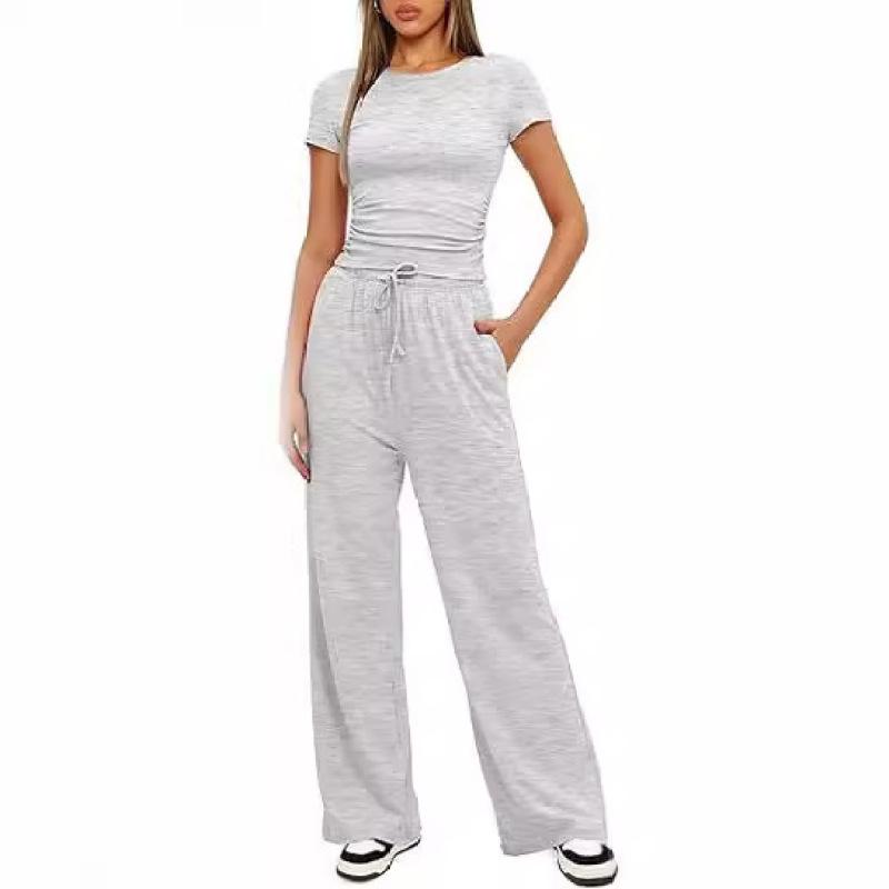 Women's Set Summer Short-sleeved Pleated Top Casual Sweatpants