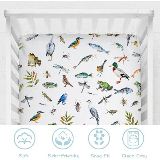 Wildlife Pond Baby Crib Sheets 52''x28'' Wild Animals Frogs Duck Fish Bird Weeds Snug Fitted Crib Mattress Cover for Boy Girl Fishing Hunting Soft
