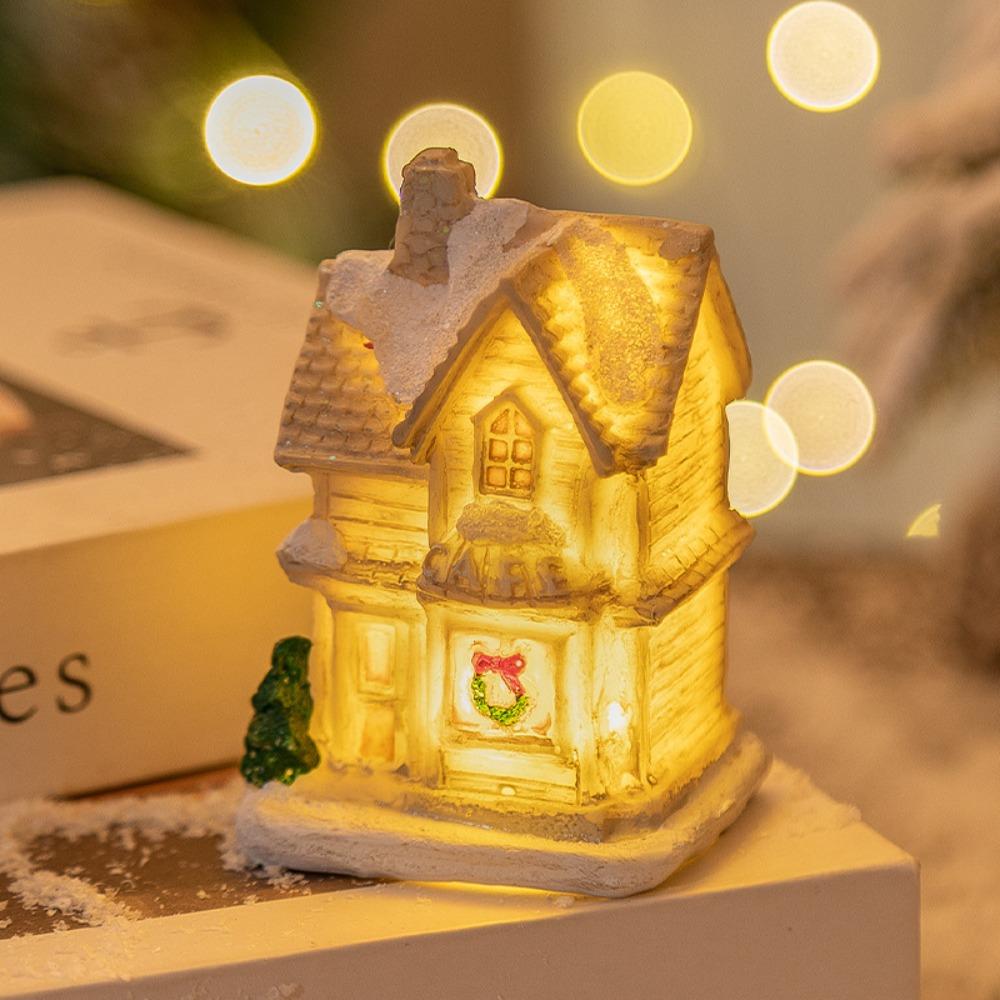 White LED Light Snow House Resin Xmas House Ornament  New Year Decoration