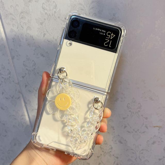 Симпатичный кожаный браслет-цепочка с бусинами, медведем и цветком, чехол для телефона для Samsung Galaxy Z Flip 4 Z Flip 3, прозрачный противоударный Z-откидной чехол Para