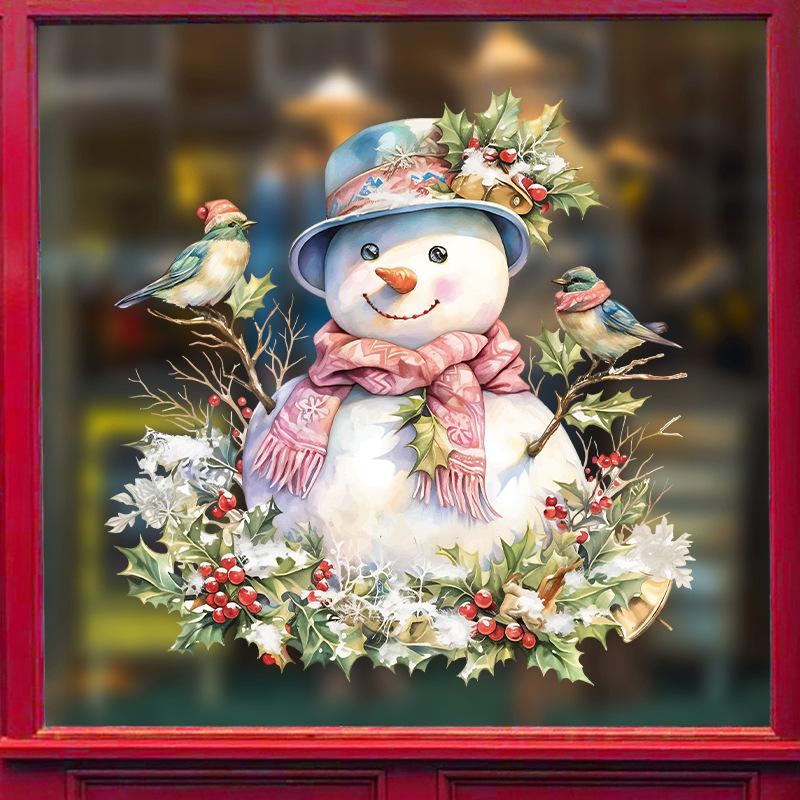 Christmas, Pink Scarf Snowman, Glass Sticker, Bedroom Balcony, Window Decoration, Glue Free, Electrostatic Sticker, Party Decoration
