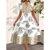 Women's Summer Flying Sleeves V-neck Dress Floral Print Stand Collar Midi Dress
