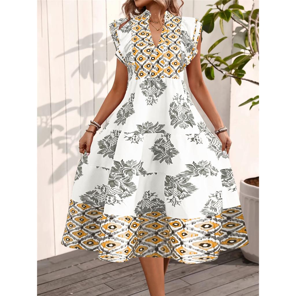 Women's Summer Flying Sleeves V-neck Dress Floral Print Stand Collar Midi Dress