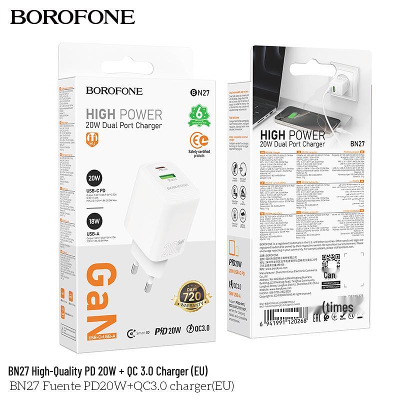 BOROFONE BN27 Быстрое зарядное устройство с двумя портами, PD20W + QC3.0, Стандарт ЕС для мобильных телефонов