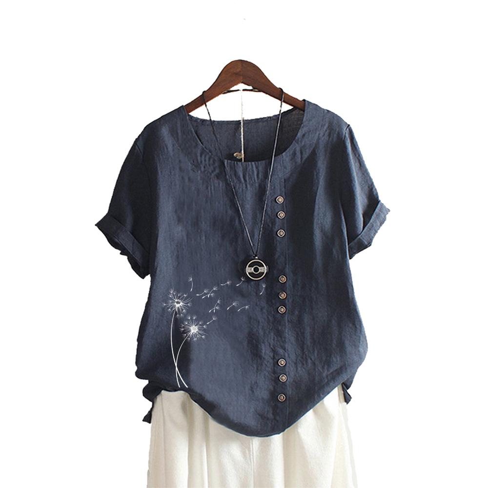 Женская свободная рубашка большого размера, женская повседневная блузка с круглым воротником и принтом, летняя модная блузка с коротким рукавом