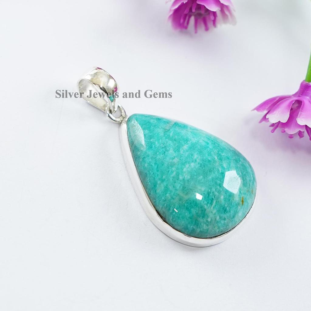 Natural Amazonite Pendant, Handmade Pendant, 925 Sterling Silver Pendant, Simple Teardrop Pendant, Gift for Wife