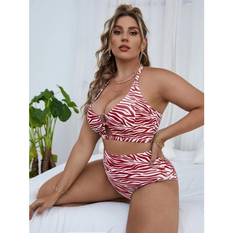 Двухсекционный купальник для женщин 2025 года, купальник больших размеров, элегантный купальник с леопардовым принтом и дырочками, сексуальный бикини с высокой талией