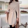 Autumn Woolen Shawl Cape Poncho Coat with Belt Women Mid-length Korean Sleeveless Ladies Cape Coats