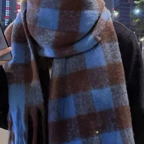 Winter Scarf Cashmere Feel Plush Scarf with Tassel Decoration Thickened Warm Plaid Pattern Winter