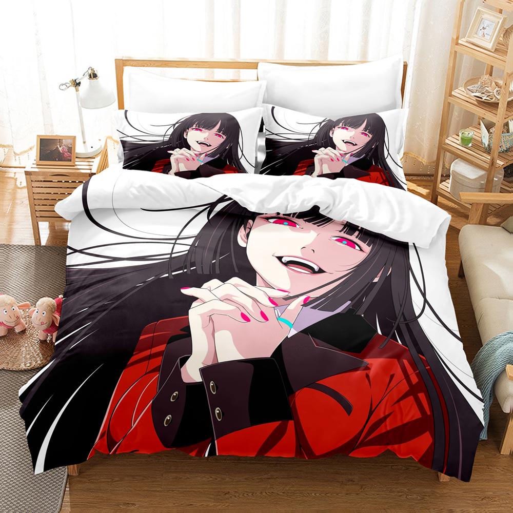 Kakegurui Юмеко Джабами Комплект постельного белья Большое лицо Аниме-персонаж Красный Черный Школьная форма Принт Пододеяльник Все размеры Настраиваемый