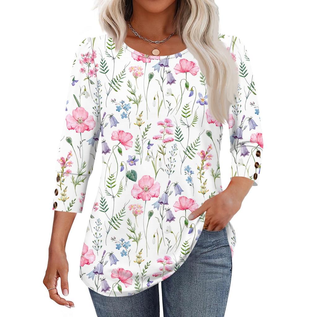 Женская мода Повседневная Винтажная Футболка Топ с круглым вырезом и рукавом в семь сложений с цветочным принтом