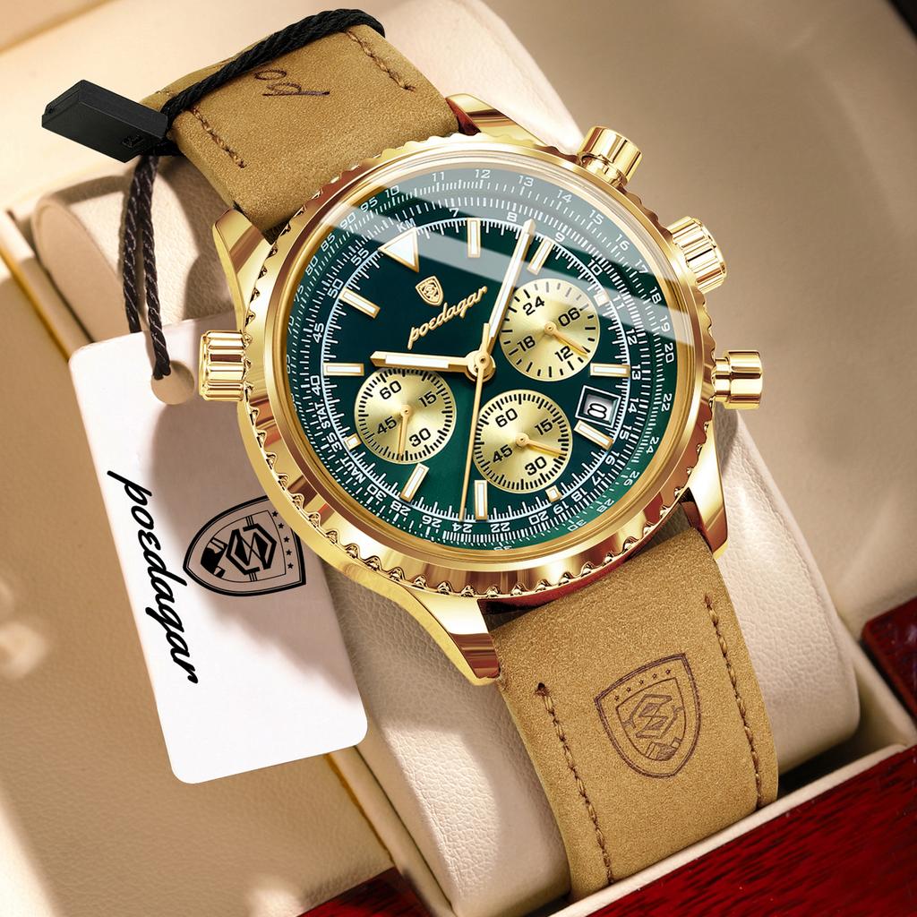 POEDAGAR Trendy Quartz Men Watch Waterproof Luminous Leather Business Man Clock Date Chronograph High Quality Men's Watches Gift