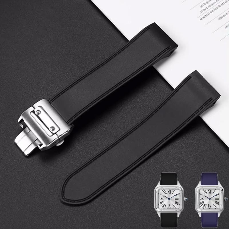 Для Cartier santos100 Santos силиконовый резиновый ремешок для часов santos 100 Металлическая пряжка ремешок для часов мужской Черный мягкий браслет 23мм 25мм
