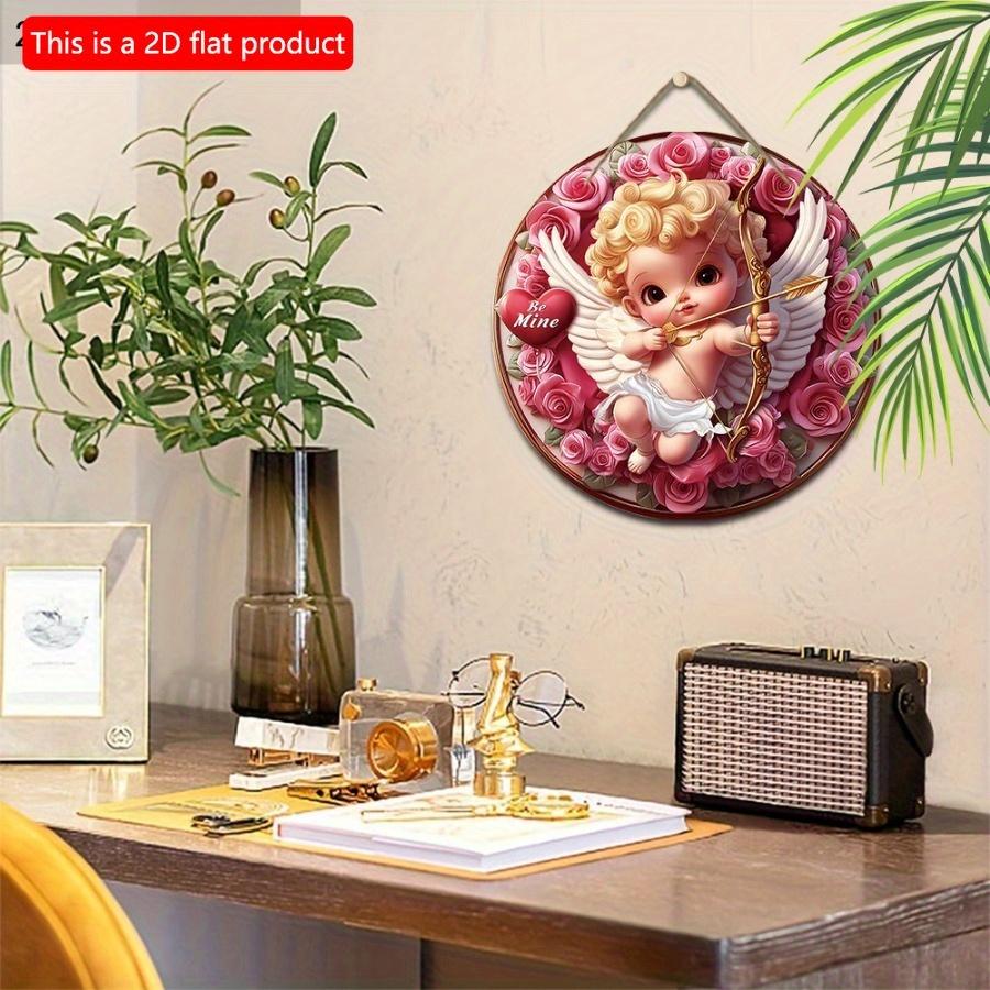 1 шт. 2d плоский очаровательный круглый деревянный знак Купидон и венок - 20 см подарок на День святого Валентина, весенний и фермерский декор для дома, стены и двери