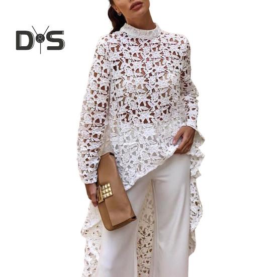 Женское длинное платье с вырезом сверху, нерегулярным вязанием крючком, кружевом, цветочным узором, прозрачной короткой передней частью и длинной задней частью, с полувысоким воротником и длинными рукавами