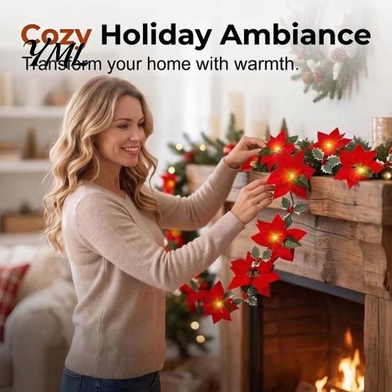 Seasonal Decorative Flower Garland Christmas Poinsettia with Light, 78/118 Inch Lighted Artificial Indoor Outdoor Holiday Floral Decoration