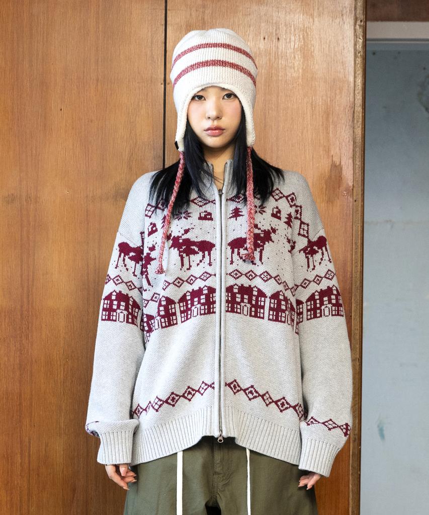 GLACK Gnt071 Kevin Nordic Pattern Knit Zip-Up (Gray)