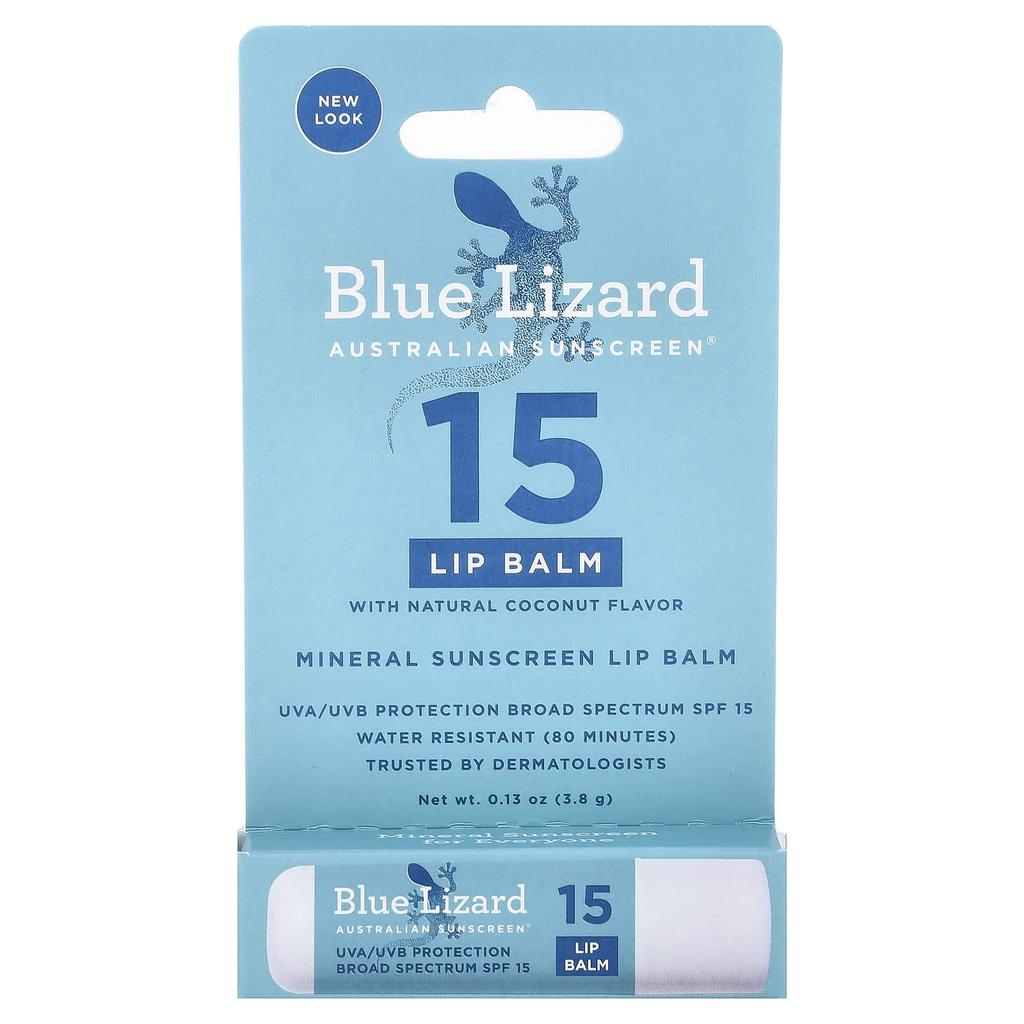 Blue Lizard Australian Sunscreen Минеральный солнцезащитный бальзам для губ, SPF 15, Натуральный кокос, 3,8 г (0,13 унции)
