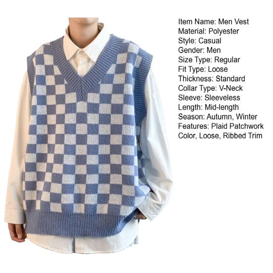 Свитер в студенческом стиле без рукавов с v-образным вырезом и ребристой отделкой, осенне-зимний клетчатый лоскутный цветной мужской вязаный жилет
