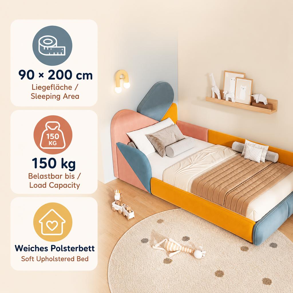 Children's Upholstered Bed 90x200 cm, multicolor with raised side protection, soft with padded headboard and fall protection for children's room