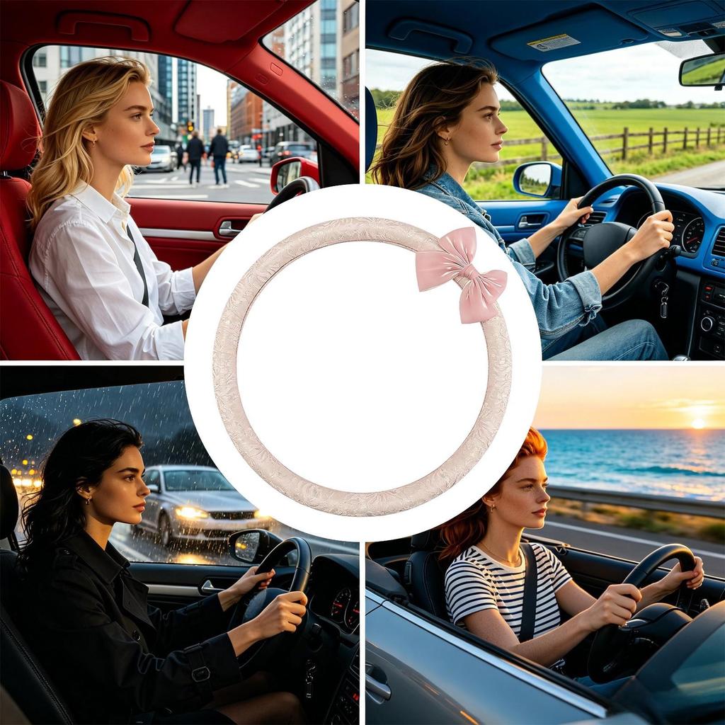 Car Wheel Cover For Women 15 Inches Lace Pattern Interior Protective Decor Steering Cover With Bow For SUV Truck Road Trip Daily