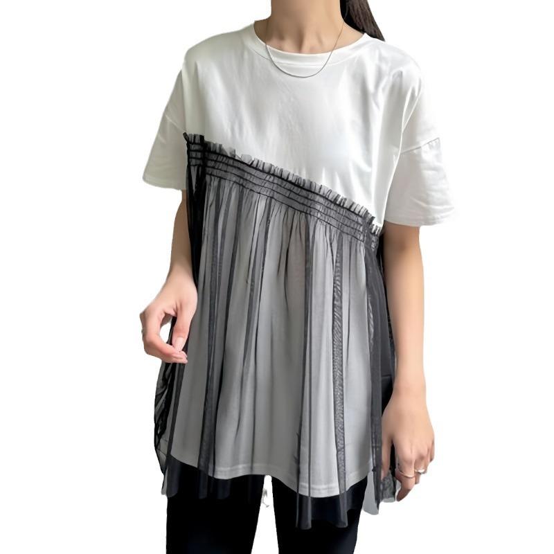 Хорошая ткань японский летний топ женский простой повседневный сетчатый сращивающийся короткий рукав круглый вырез пуловер футболка