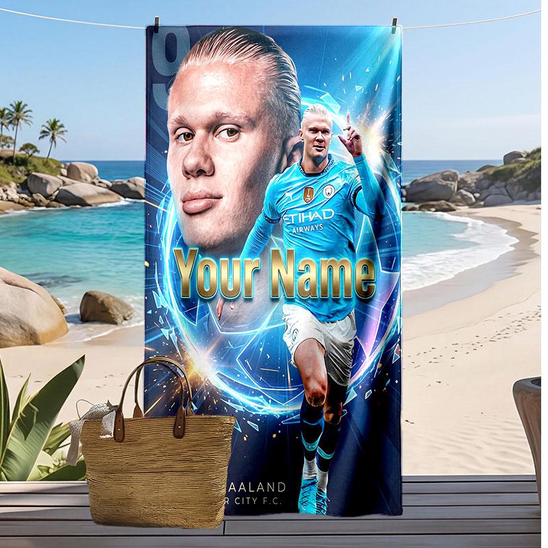 Erling Haaland Personalized Printed Beach Towel Soccer Logo Support Custom Name Text Absorbent Towel For Sport Travel Special Gift